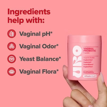 Probiótico vaginal vegano O Positiv URO para mujeres, que favorece la salud vaginal, el olor vaginal, el pH y el equilibrio de levaduras (60 cápsulas)