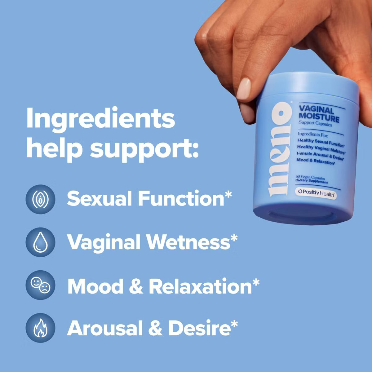 O Positiv MENO Cápsulas veganas de hidratación vaginal - 60 unidades APOYO A LA SALUD SEXUAL PARA MUJERES Formulado para mujeres que experimentan sequedad vaginal, ya sea en la perimenopausia, la menopausia o todavía menstruando.
