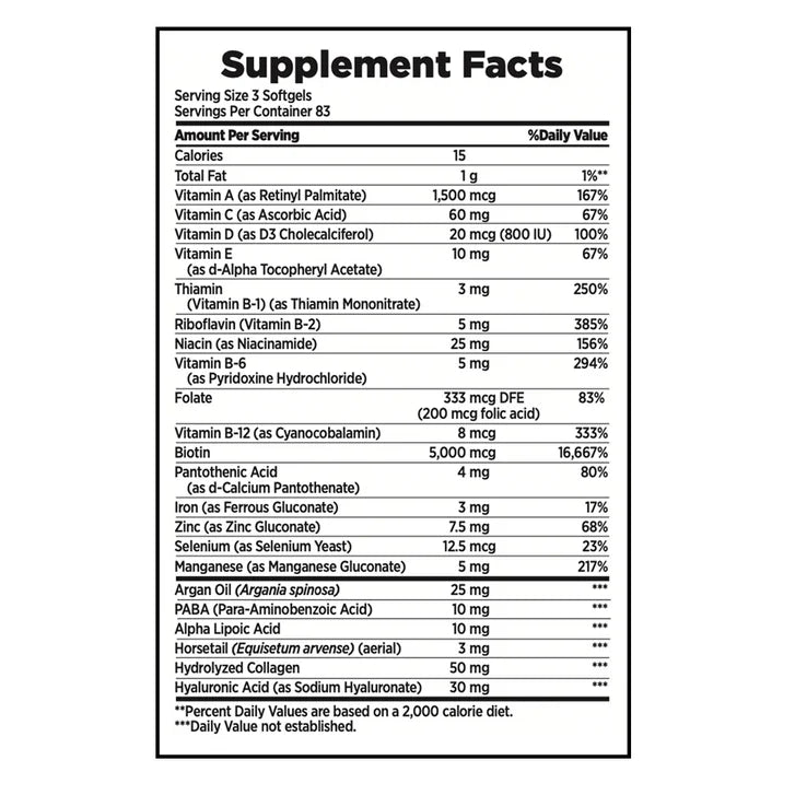 Nature's Bounty Hair, Skin and Nails, 250 Softgels. El equilibrio adecuado de nutrientes para ayudar a mantener el cabello brillante, las uñas sanas y la piel vibrante.