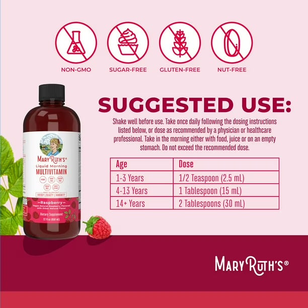 MaryRuth Multivitamínico vegano líquido matutino de - Frambuesa    El que lo inició todo! Apoya las necesidades de nutrientes de tu cuerpo, todo sin pastillas difíciles de tomar.