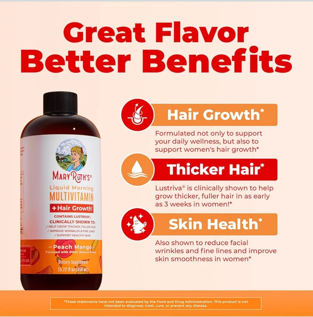 MaryRuth's Liquid Morning Multivitamin + Hair Growth (Peach Mango)